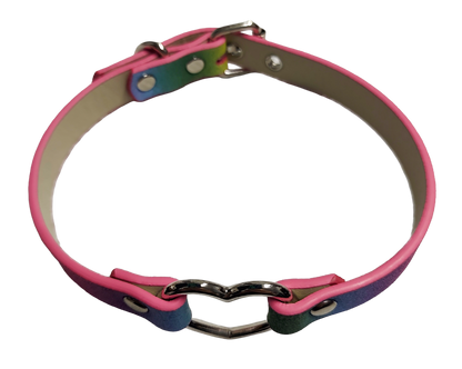 Glittery rainbow faux leather heart ring choker collar top view