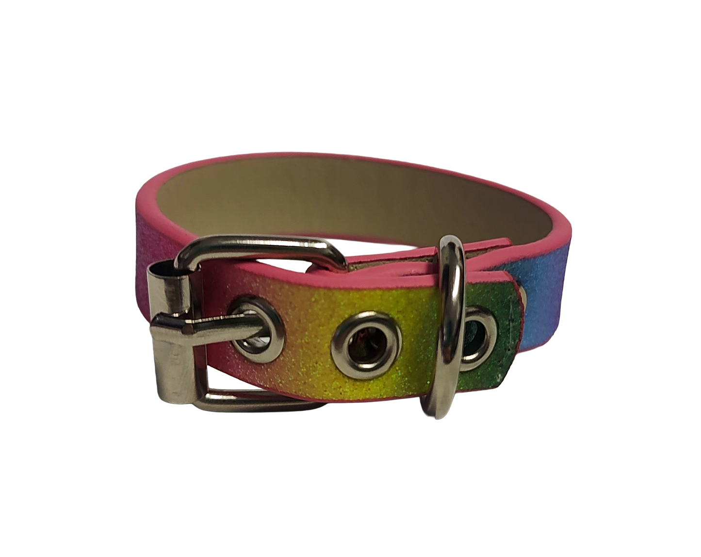 Glittery pastel rainbow faux leather cuff bracelet with buckle and eyelets back view