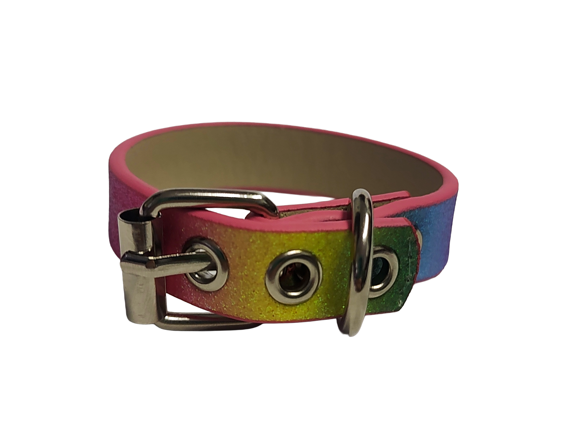 Glittery pastel rainbow faux leather cuff bracelet with buckle and eyelets back view