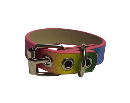 Glittery pastel rainbow faux leather cuff bracelet with buckle and eyelets back view