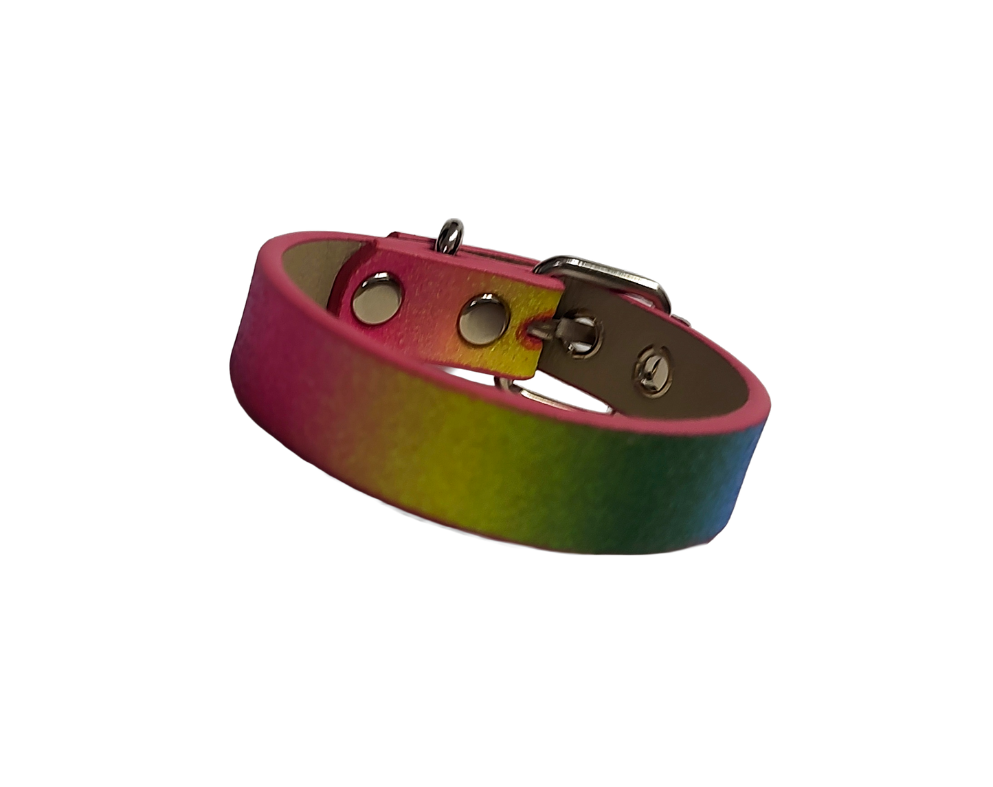 Glittery pastel rainbow faux leather cuff bracelet with buckle and eyelets front view
