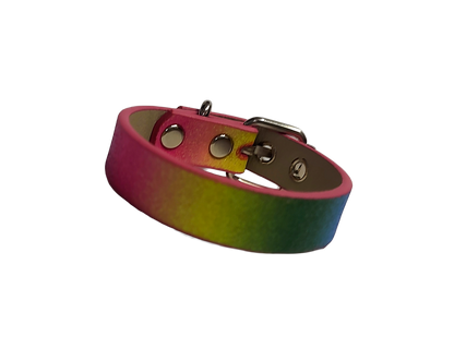 Glittery pastel rainbow faux leather cuff bracelet with buckle and eyelets front view