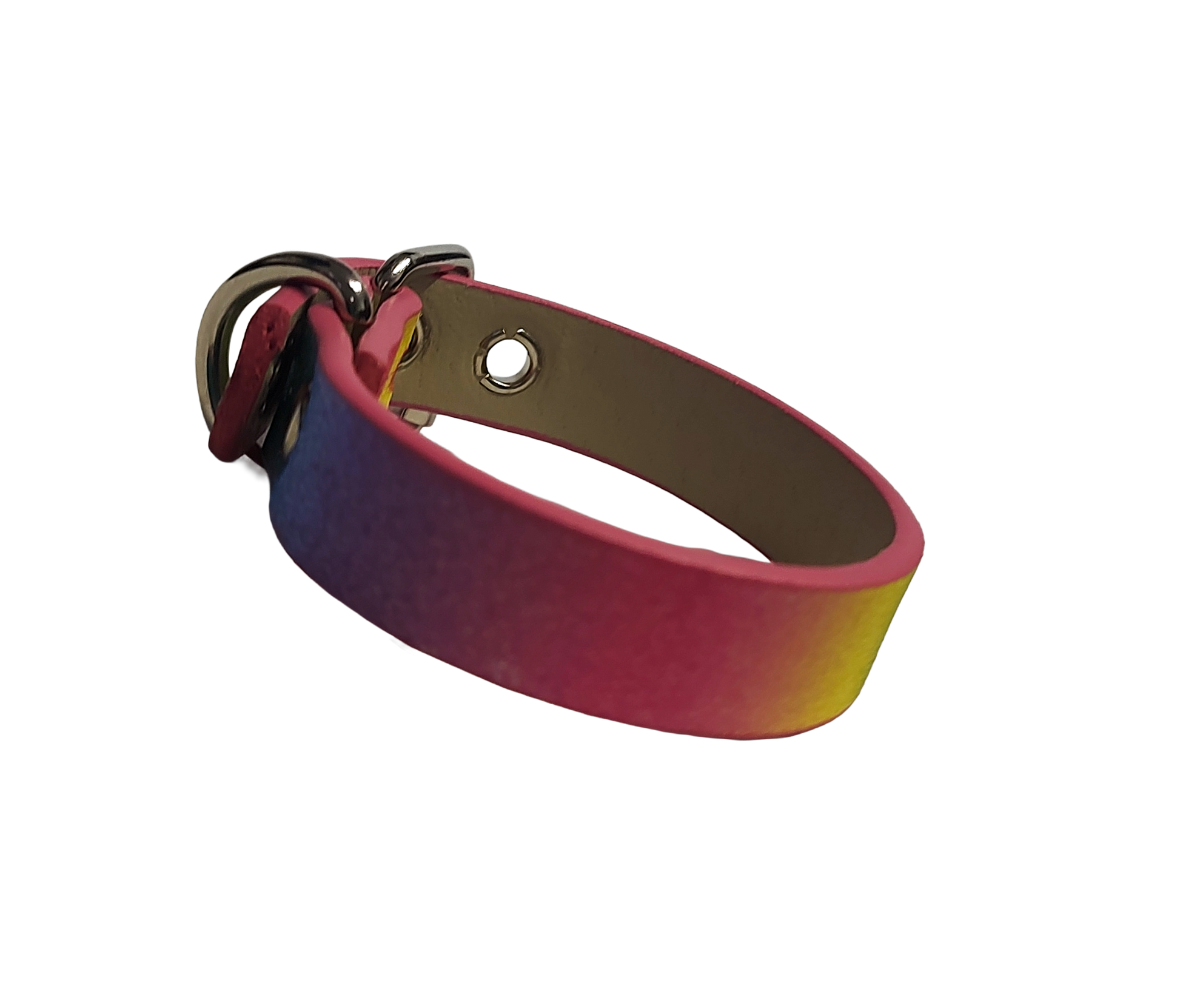 Glittery pastel rainbow faux leather cuff bracelet with buckle and eyelets left view