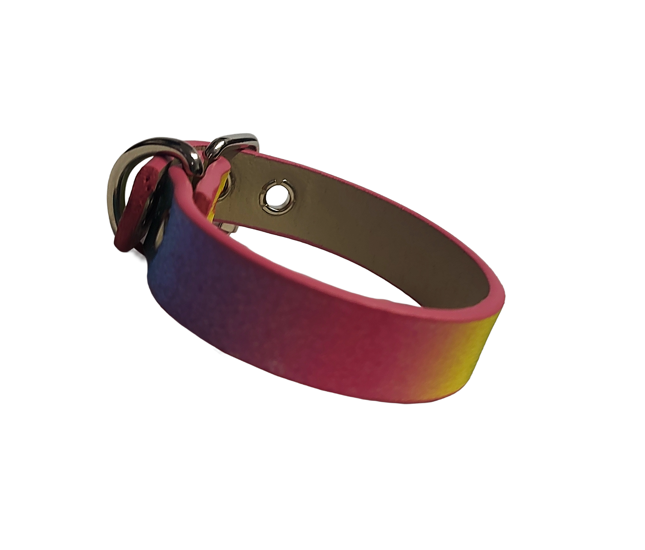 Glittery pastel rainbow faux leather cuff bracelet with buckle and eyelets left view