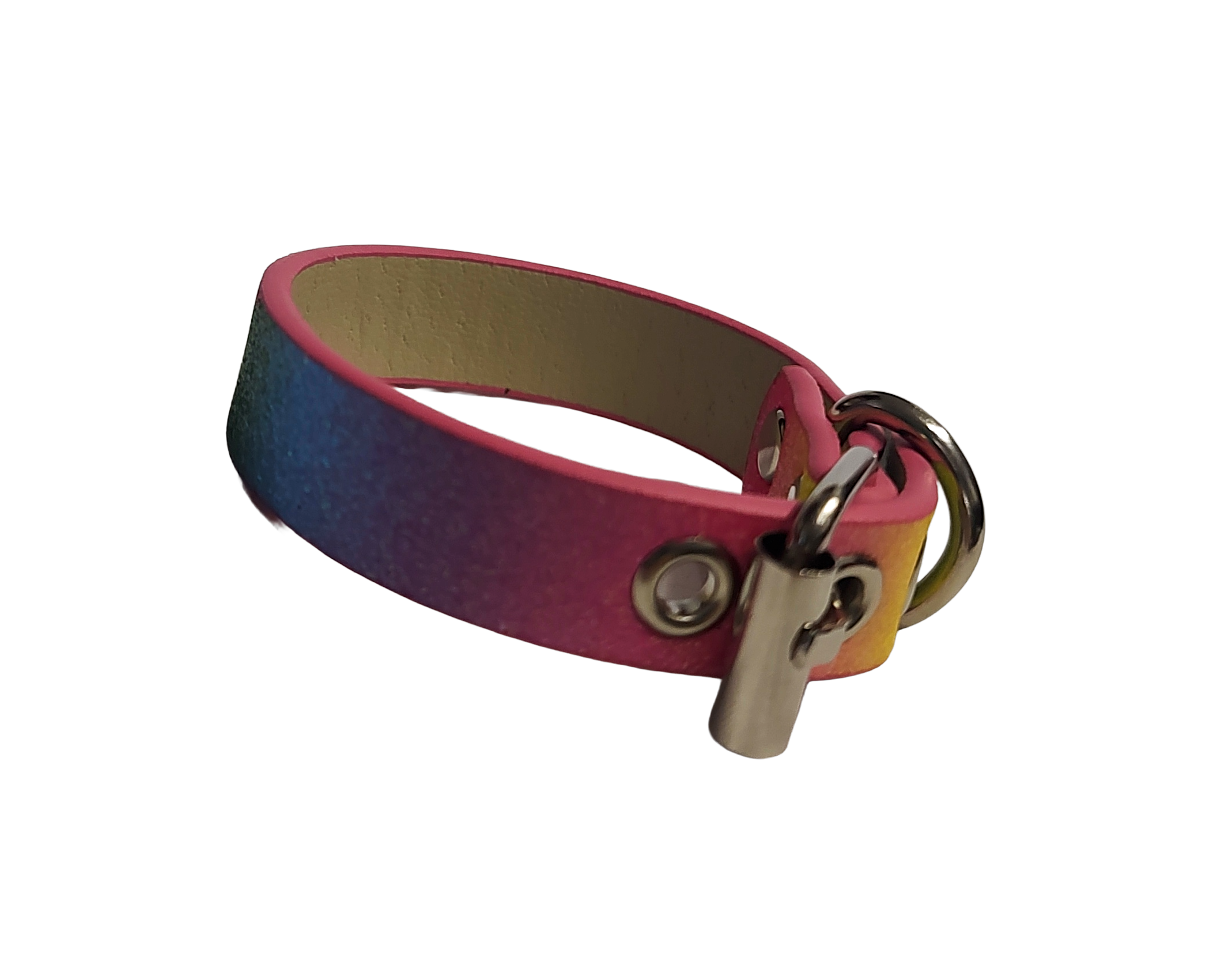 Glittery pastel rainbow faux leather cuff bracelet with buckle and eyelets left view