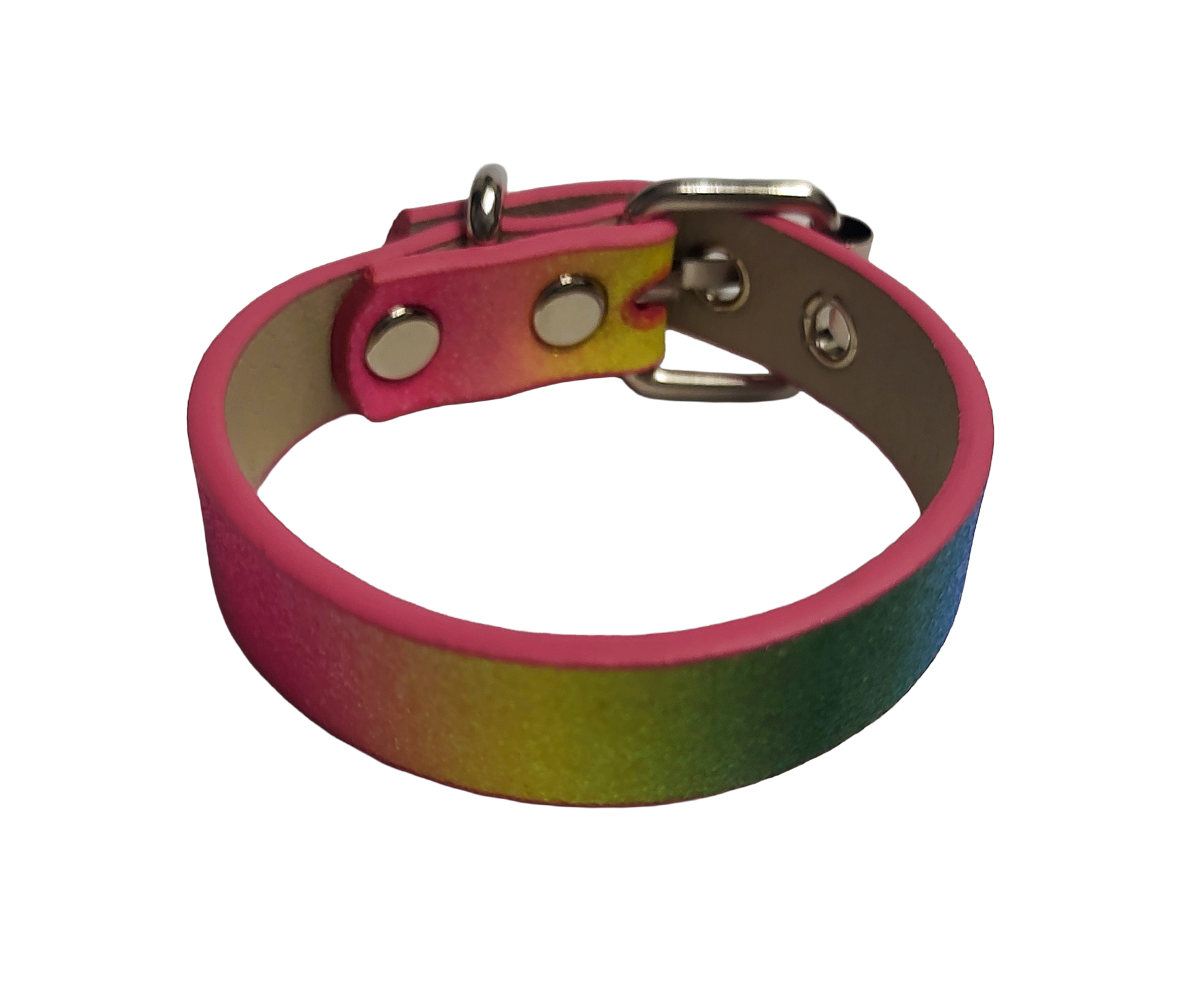 Glittery pastel rainbow faux leather cuff bracelet with buckle and eyelets top view