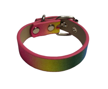 Glittery pastel rainbow faux leather cuff bracelet with buckle and eyelets top view