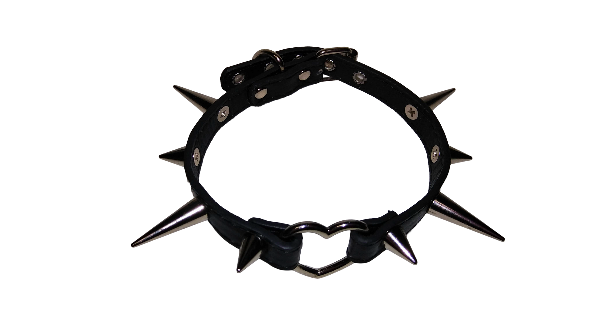 Black faux leather collar with heart ring and alternating cone spikes top view