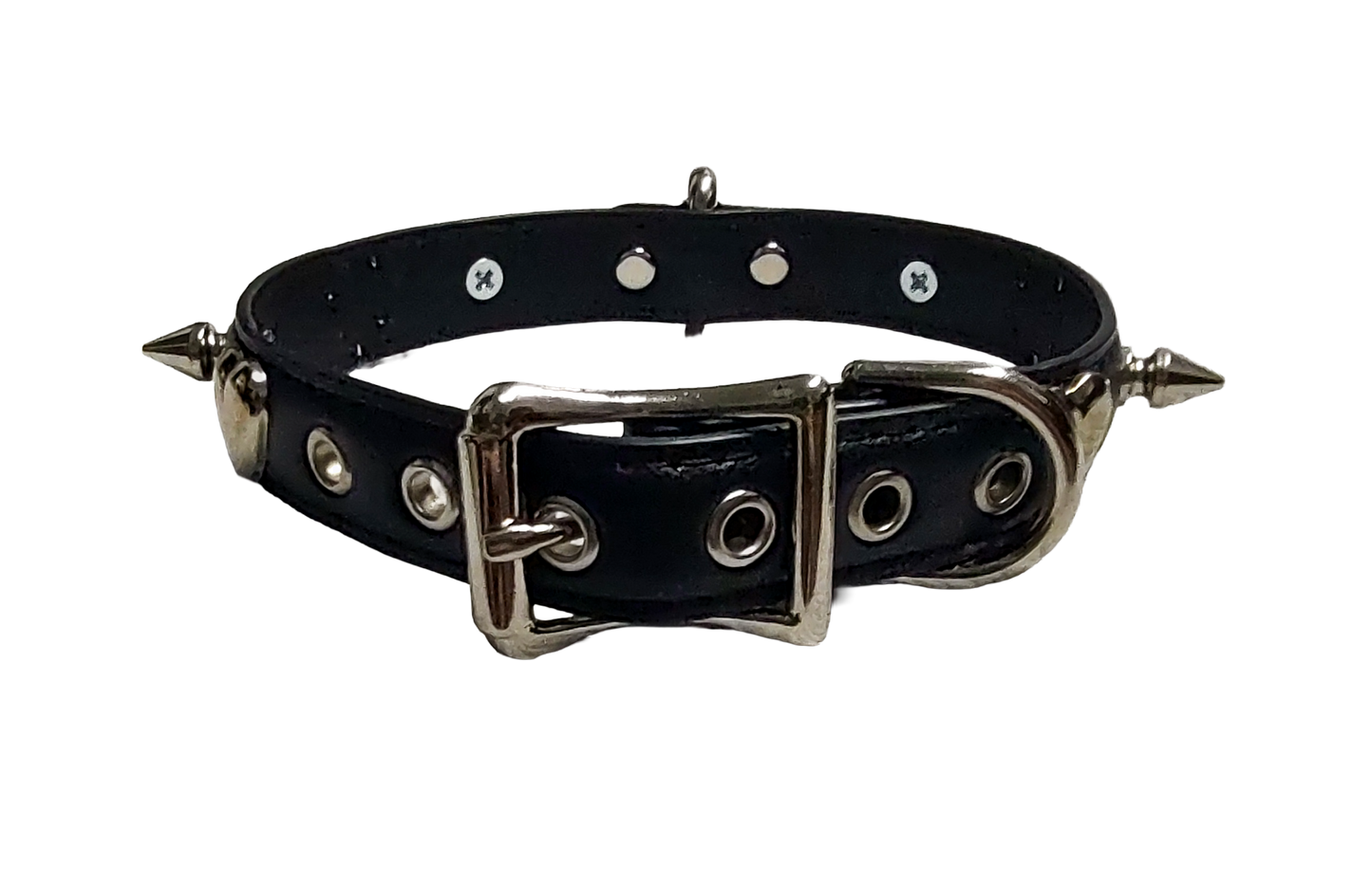 Black faux leather collar with spikes heart studs and plate halter ring and bell back view