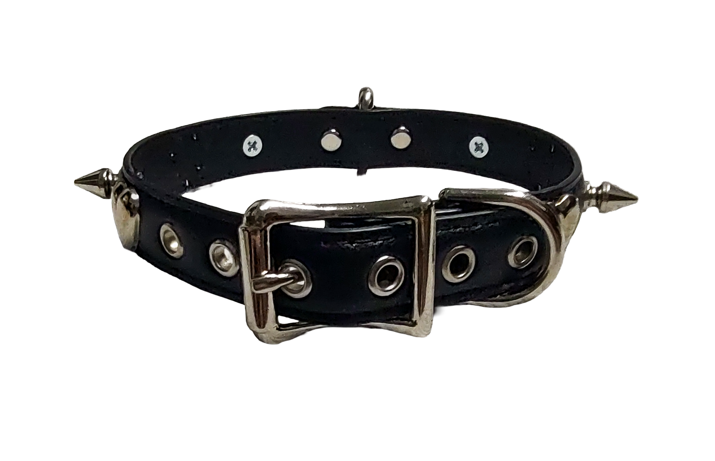 Black faux leather collar with spikes heart studs and plate halter ring and bell back view