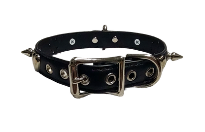 Black faux leather collar with spikes heart studs and plate halter ring and bell back view