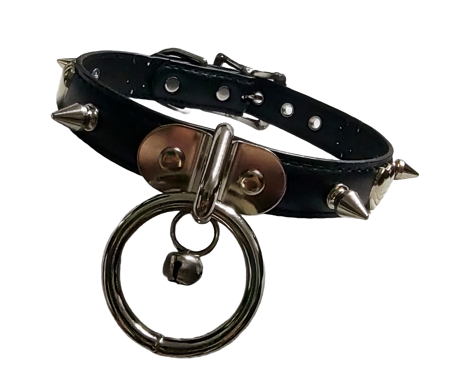 Black faux leather collar with spikes heart studs and plate halter ring and bell front view