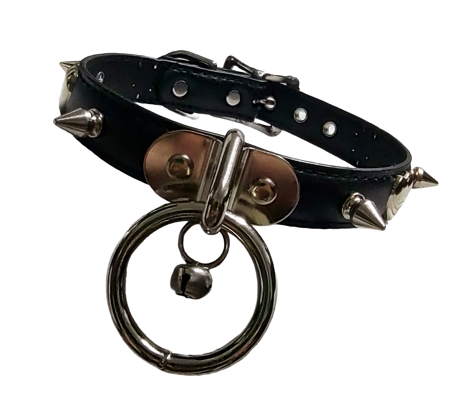 Black faux leather collar with spikes heart studs and plate halter ring and bell front view
