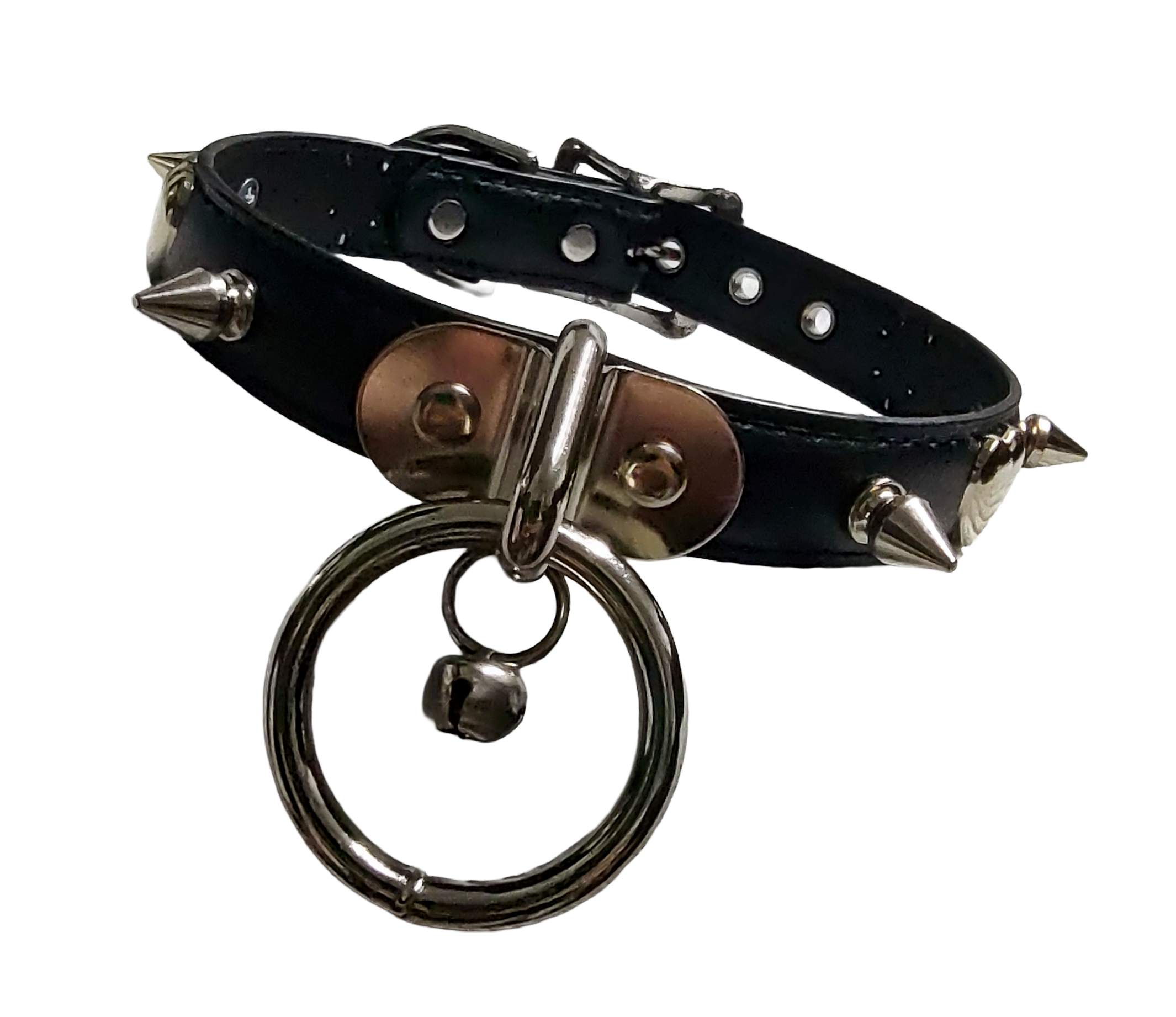 Black faux leather collar with spikes heart studs and plate halter ring and bell front view