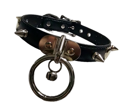 Black faux leather collar with spikes heart studs and plate halter ring and bell front view