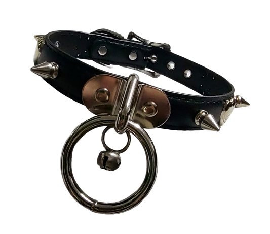 Black faux leather collar with spikes heart studs and plate halter ring and bell front view