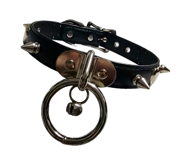 Black faux leather collar with spikes heart studs and plate halter ring and bell front view