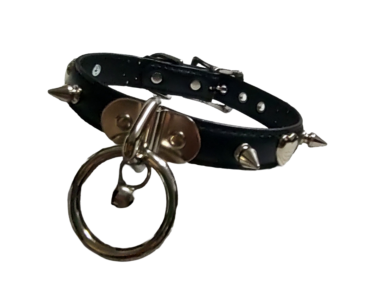 Black faux leather collar with spikes heart studs and plate halter ring and bell side view