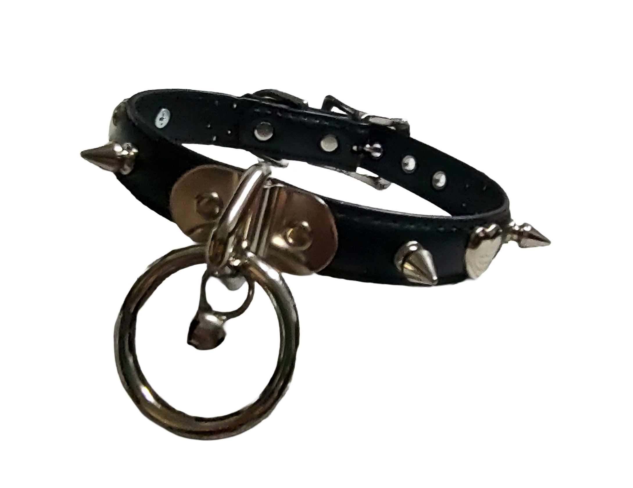 Black faux leather collar with spikes heart studs and plate halter ring and bell side view