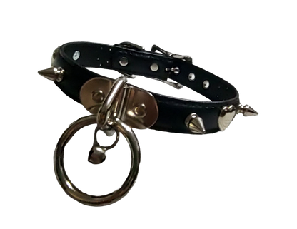 Black faux leather collar with spikes heart studs and plate halter ring and bell side view