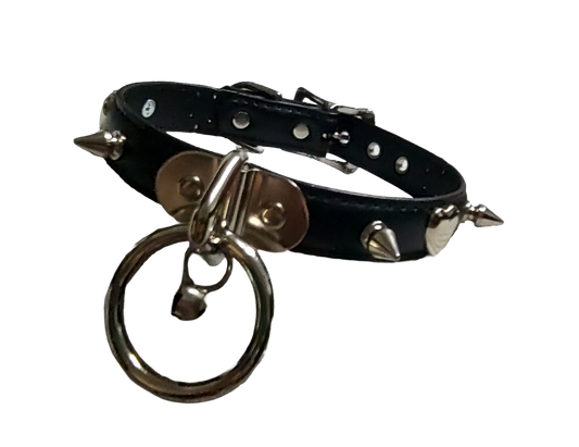 Black faux leather collar with spikes heart studs and plate halter ring and bell side view