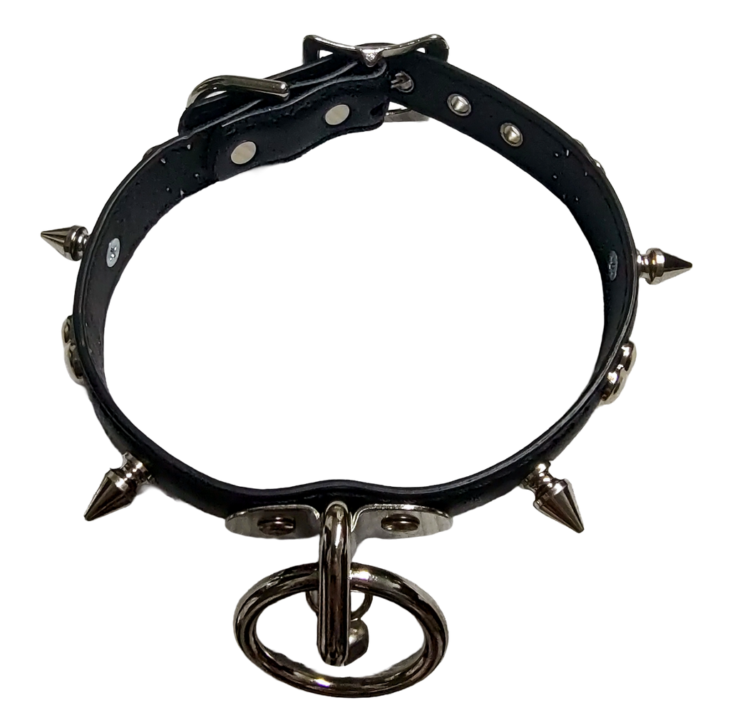 Black faux leather collar with spikes heart studs and plate halter ring and bell top view
