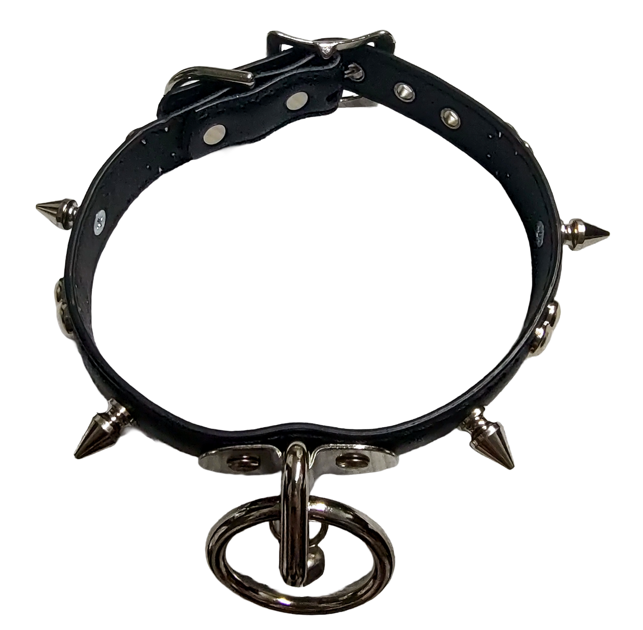 Black faux leather collar with spikes heart studs and plate halter ring and bell top view