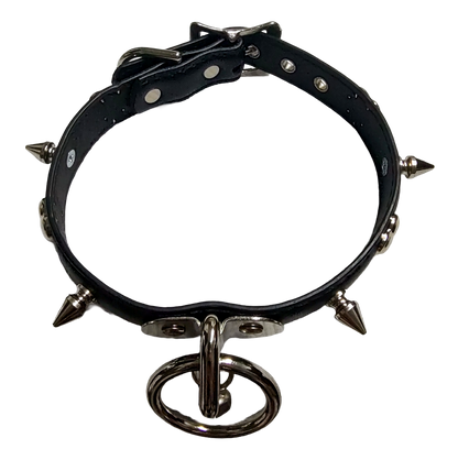 Black faux leather collar with spikes heart studs and plate halter ring and bell top view