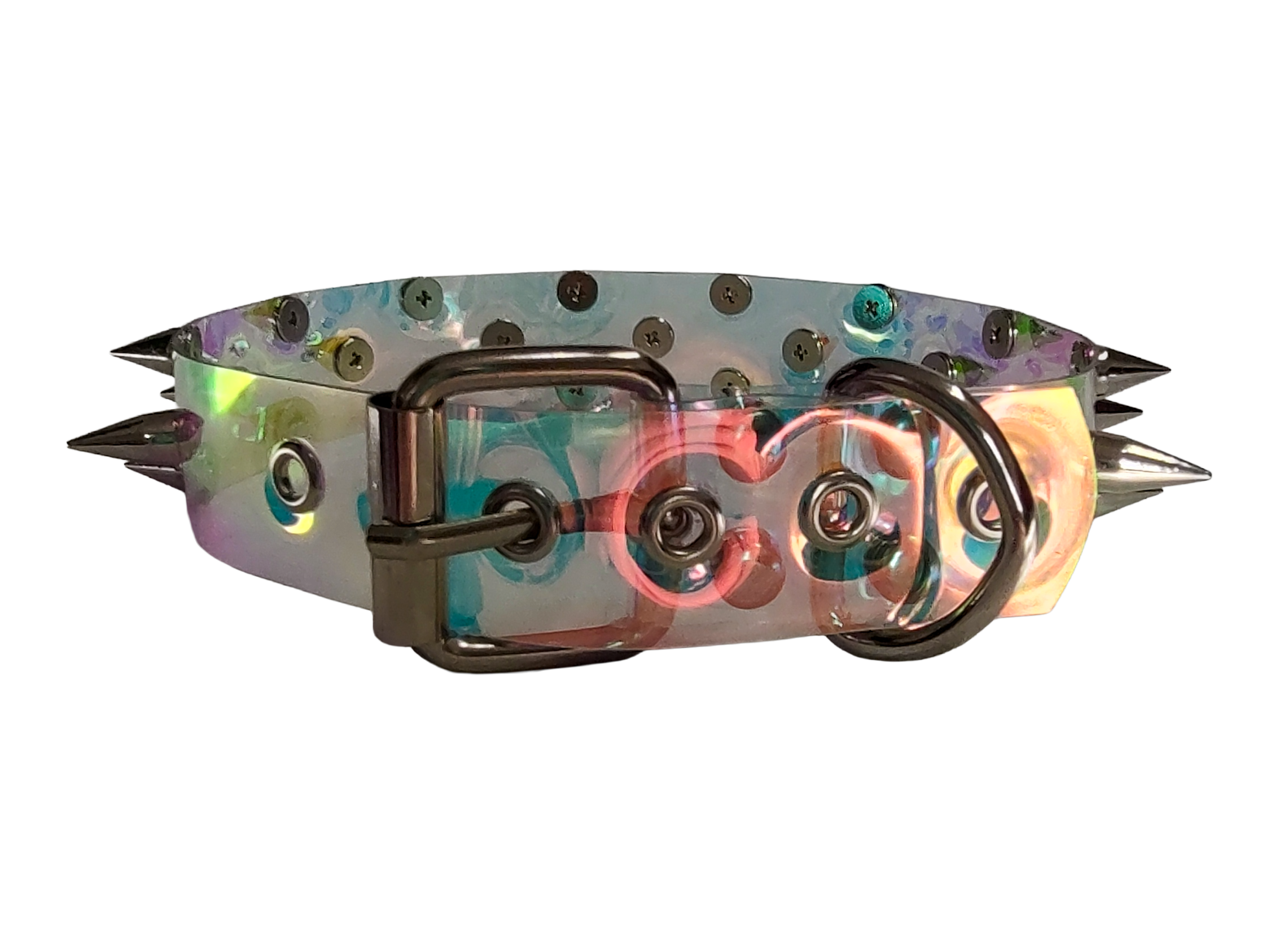 Clear plastic holographic iridescent choker collar with three rows of spikes back view