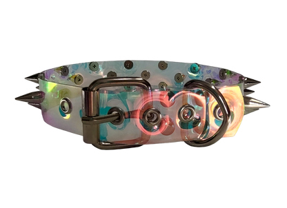 Clear plastic holographic iridescent choker collar with three rows of spikes back view