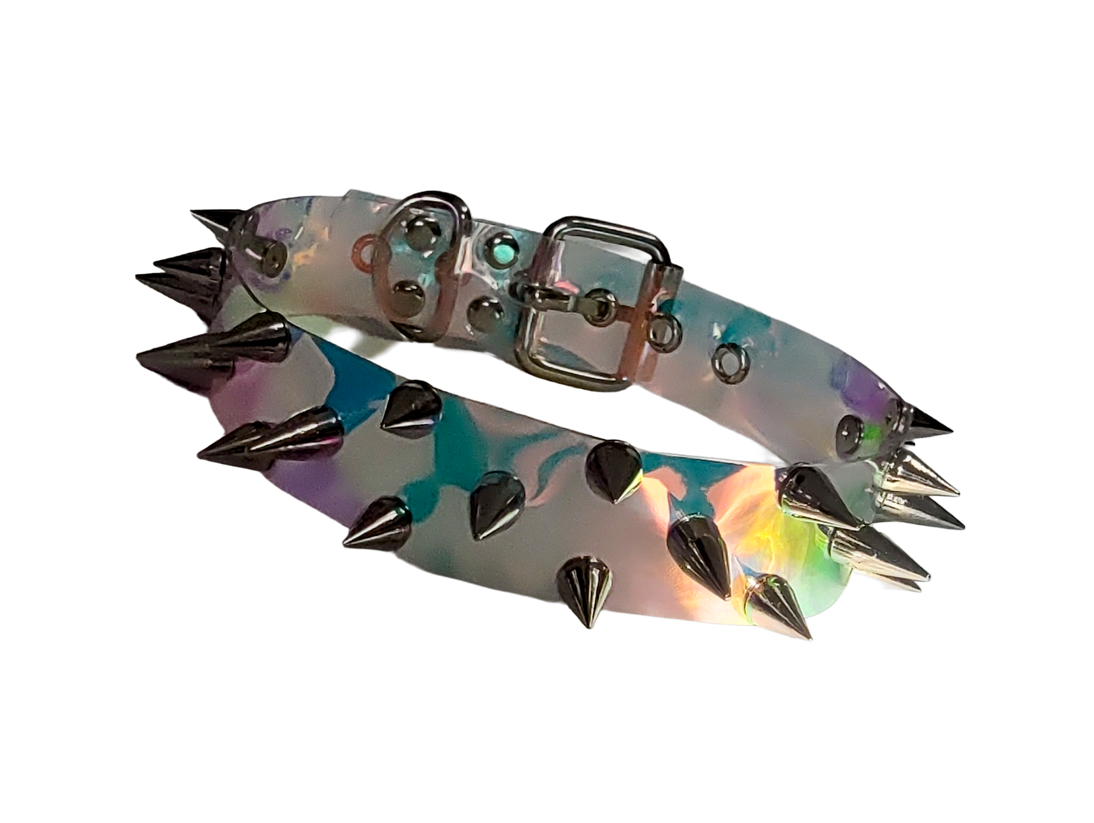 Clear plastic holographic iridescent choker collar with three rows of spikes front view