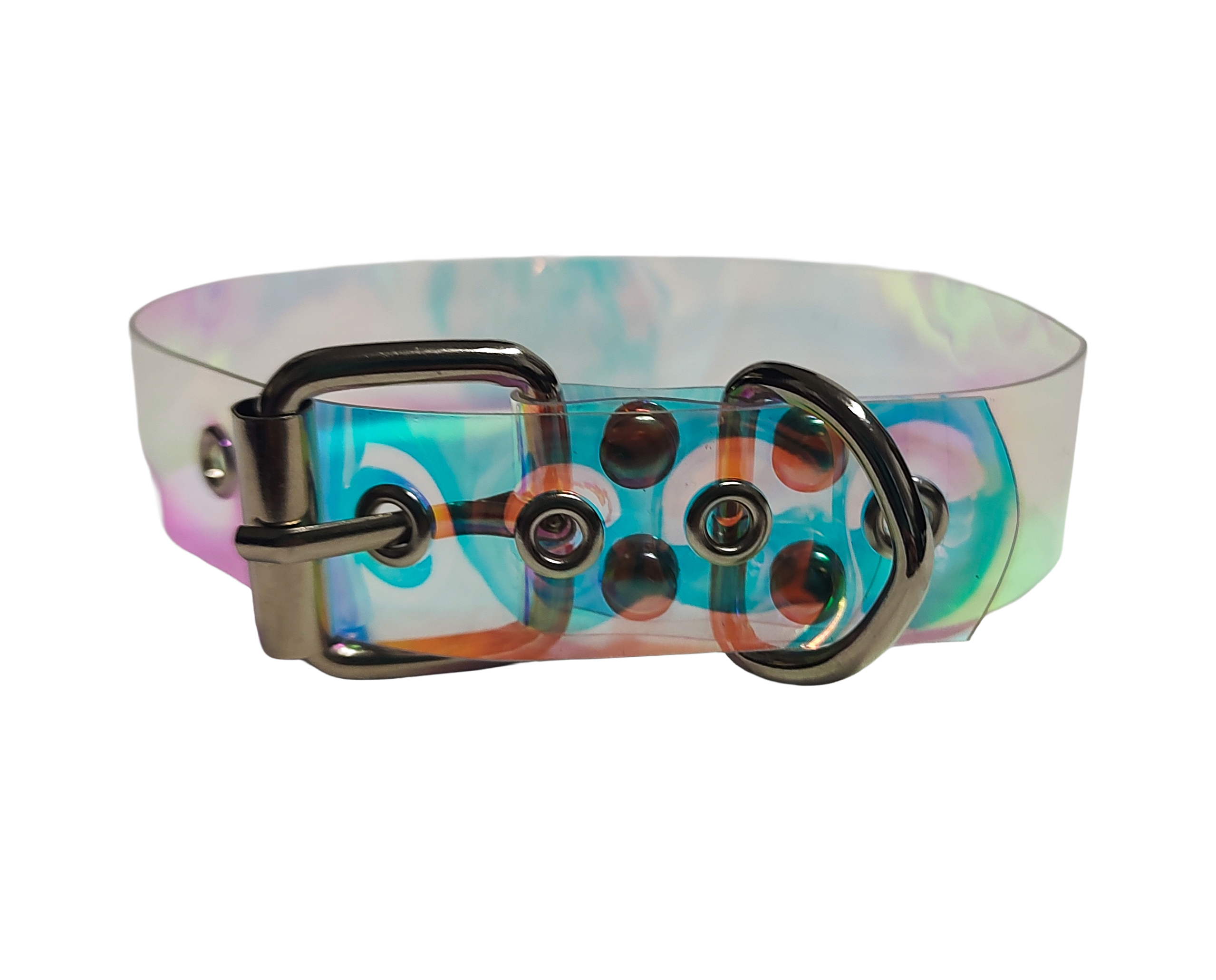 Clear plastic iridescent holographic choker collar back view