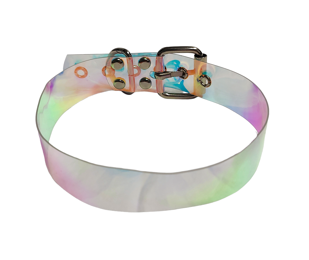 Clear plastic iridescent holographic choker collar top view