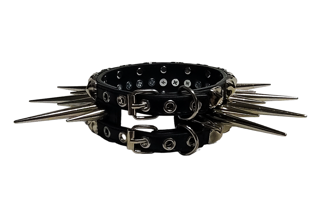 Wide faux leather long spiked and studded collar back view