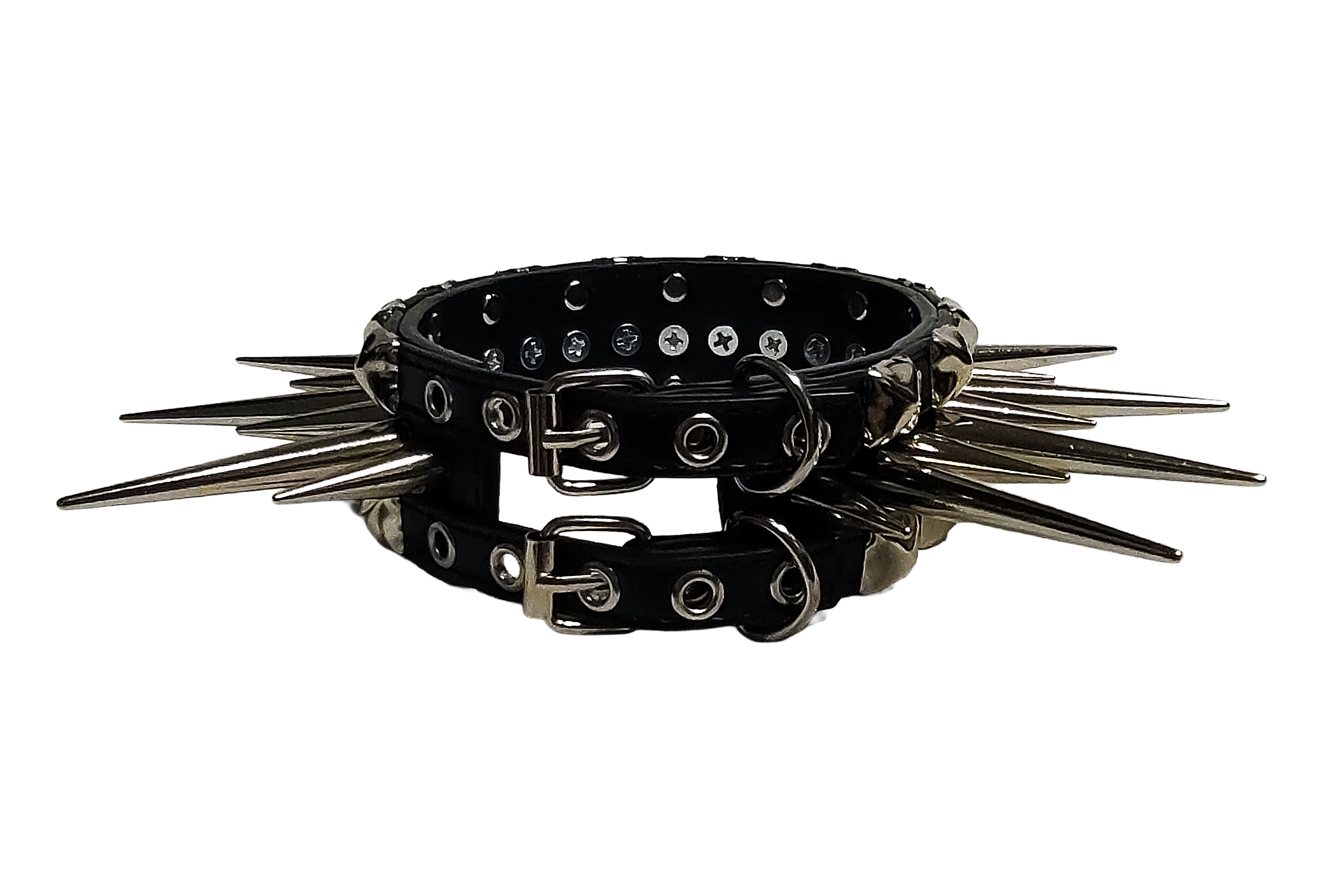 Wide faux leather long spiked and studded collar back view