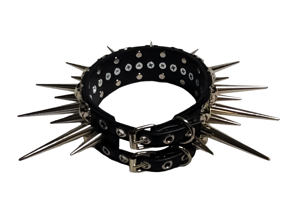 Wide faux leather long spiked and studded collar back top view