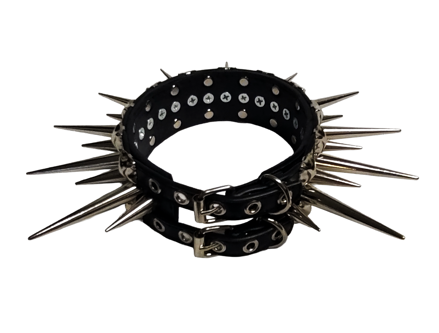 Wide faux leather long spiked and studded collar back top view