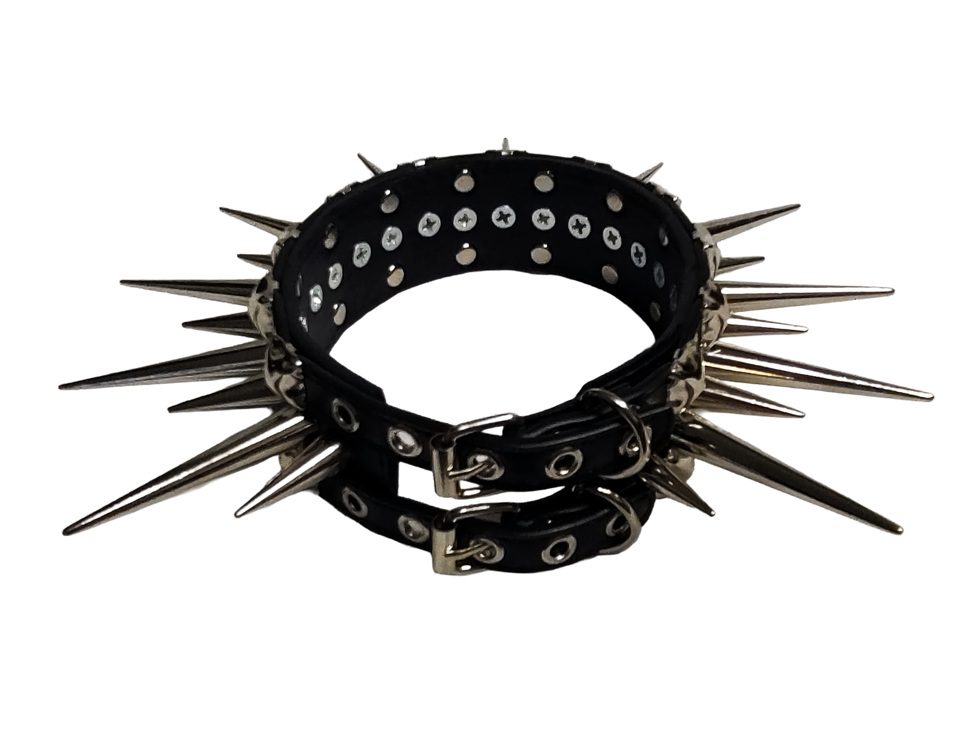 Wide faux leather long spiked and studded collar back top view