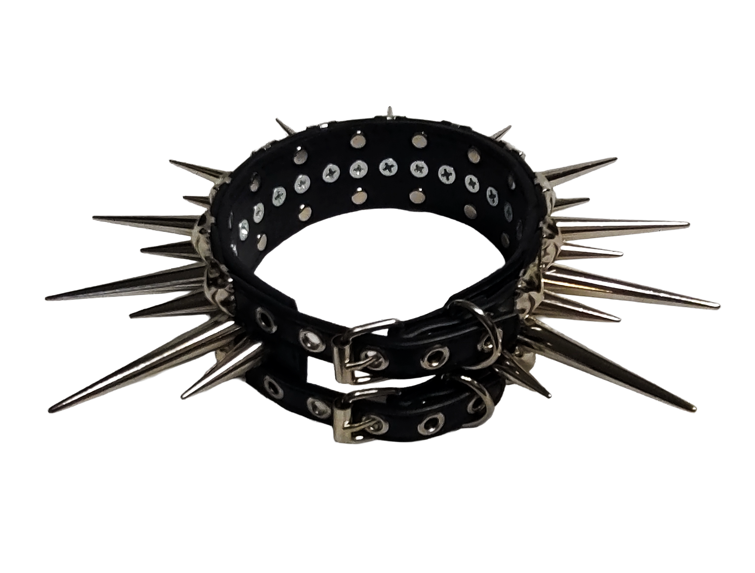 Wide faux leather long spiked and studded collar back top view