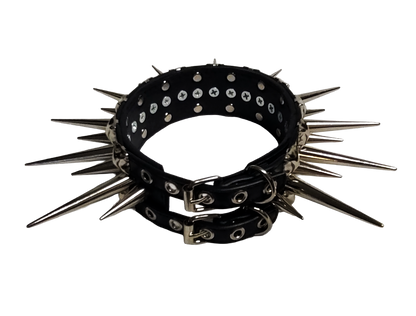 Wide faux leather long spiked and studded collar back top view