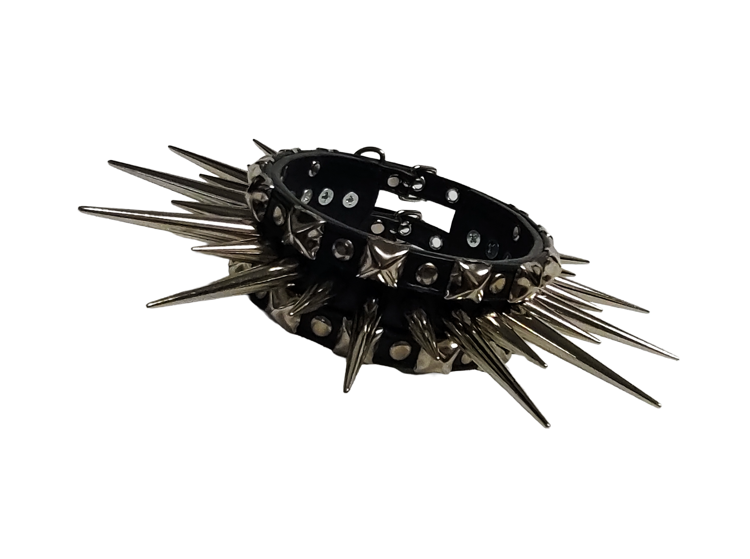 Wide faux leather long spiked and studded collar front view