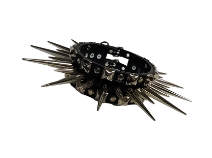 Wide faux leather long spiked and studded collar front view