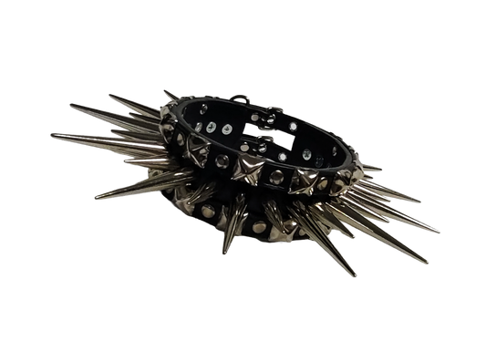 Wide faux leather long spiked and studded collar front view