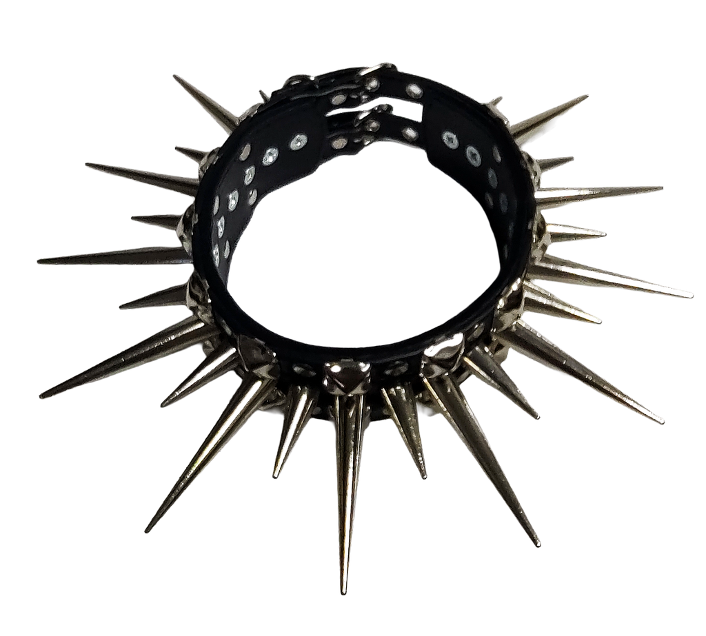 Wide faux leather long spiked and studded collar top view