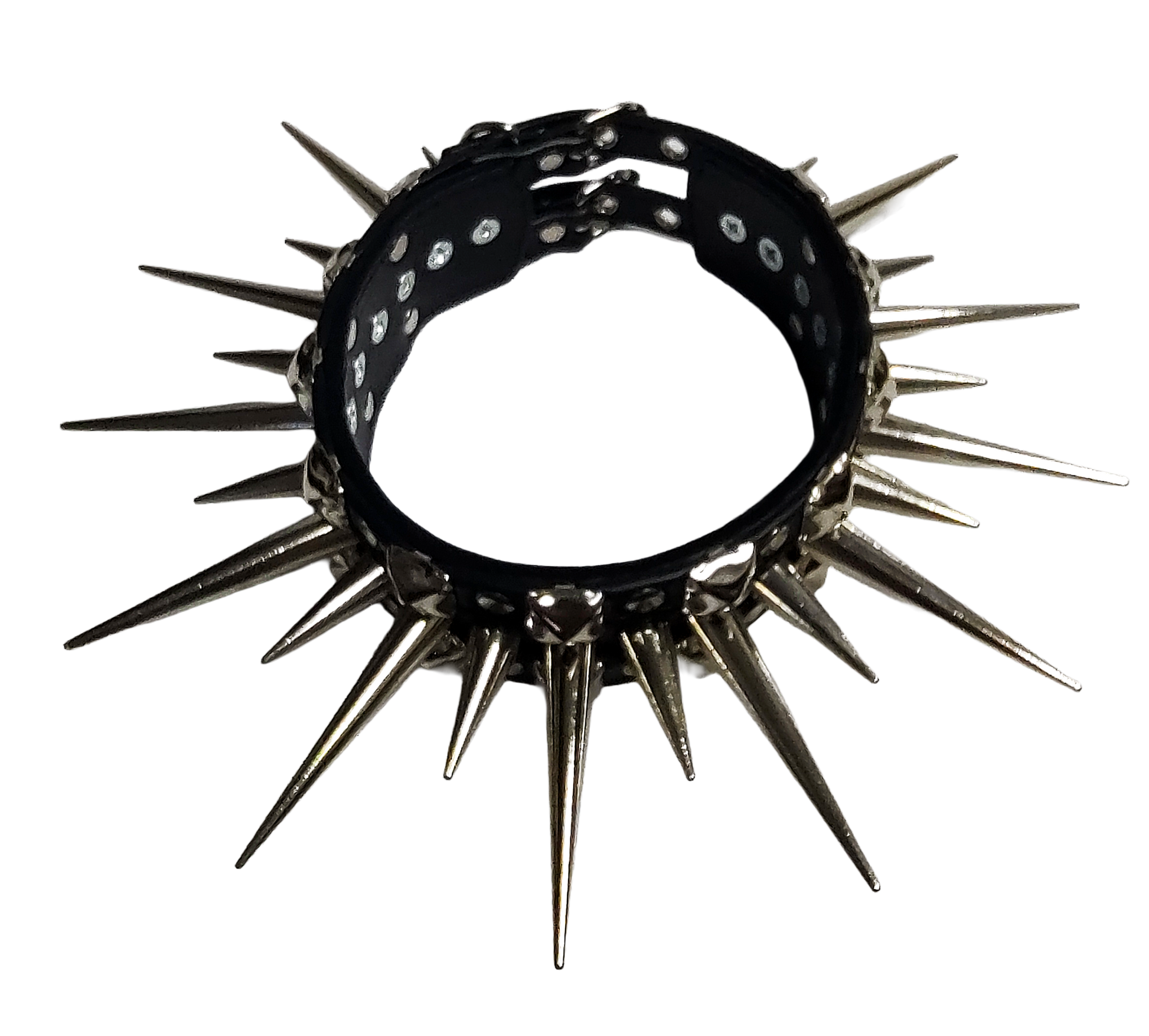 Wide faux leather long spiked and studded collar top view