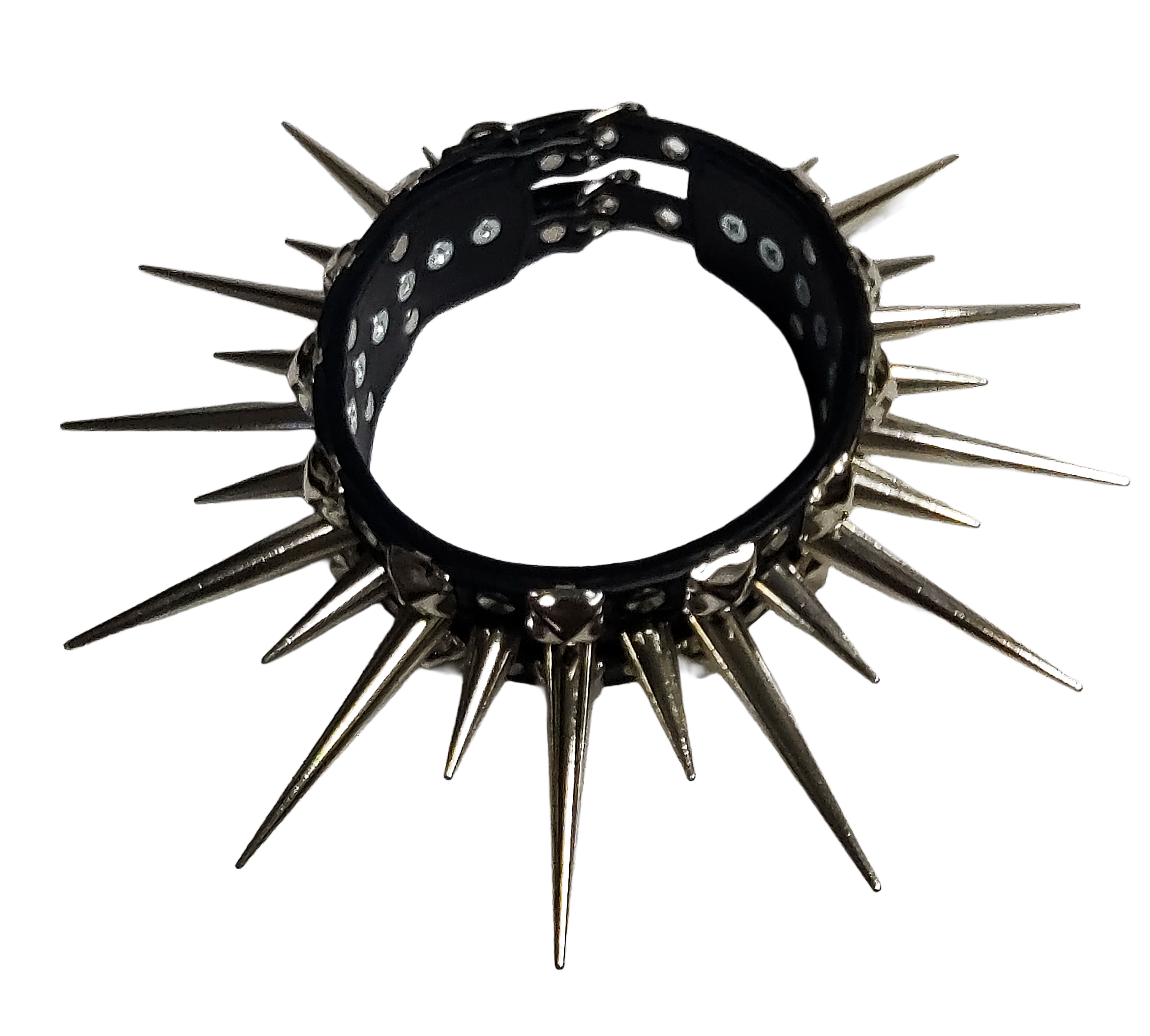 Wide faux leather long spiked and studded collar top view