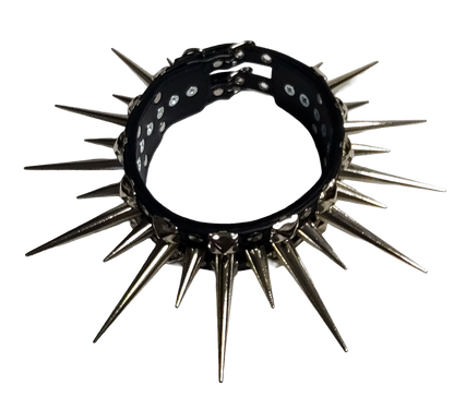 Wide faux leather long spiked and studded collar top view