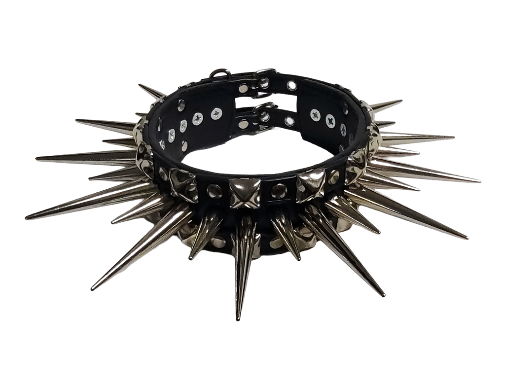 Wide faux leather long spiked and studded collar top front view