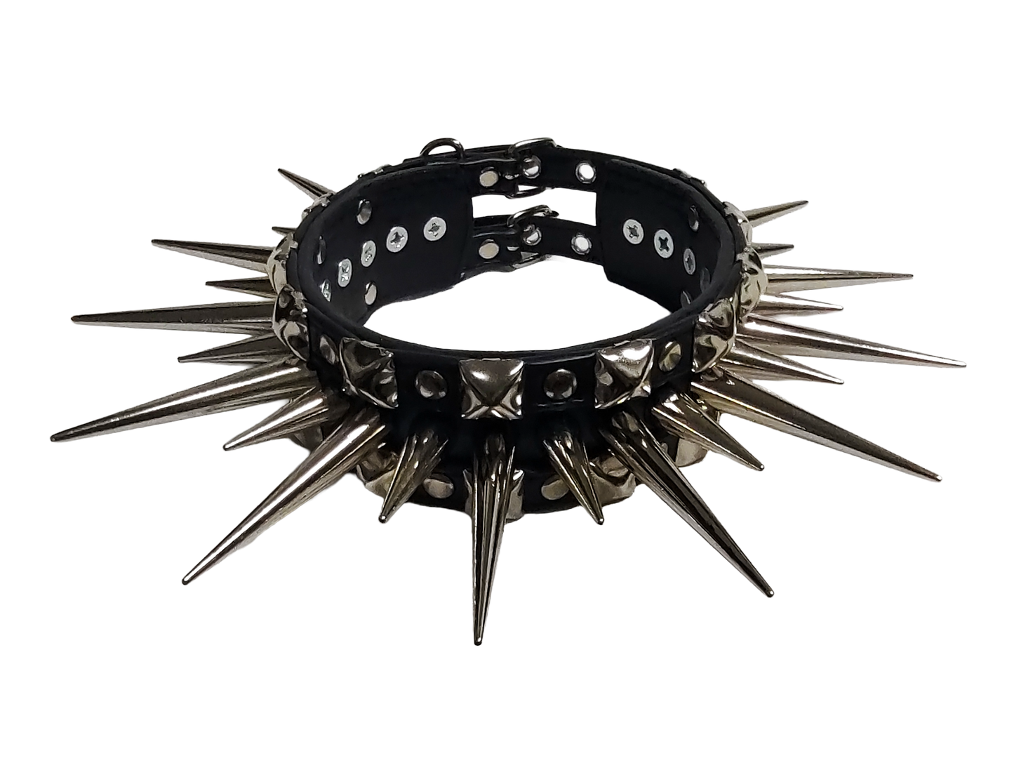 Wide faux leather long spiked and studded collar top front view
