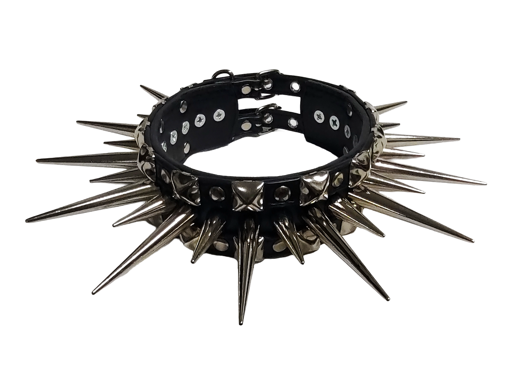 Wide faux leather long spiked and studded collar top front view